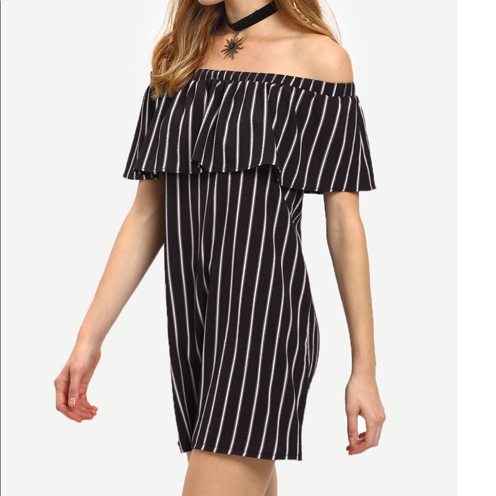 Off shoulder black and white stripe mini dress